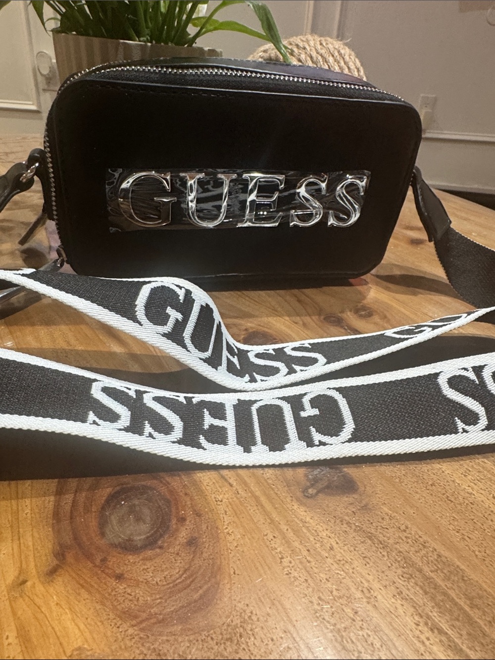 GUESS Black Crossbody Bag with Black and White Branded Strap